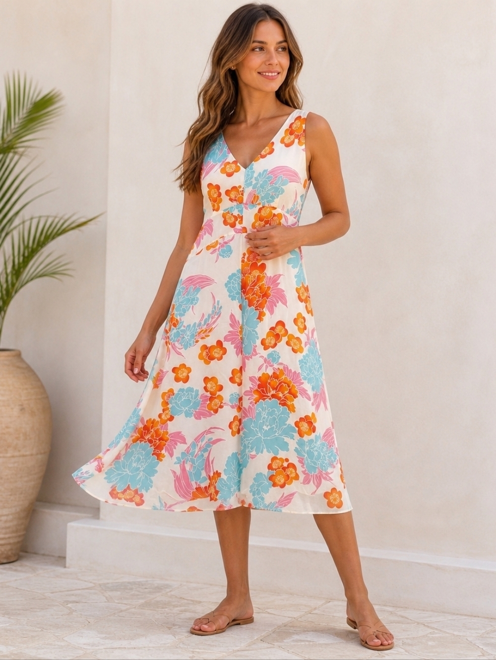Laurel Floral Midi Dress Womens 42 L White Orange Blue Sleeveless Summer Lined